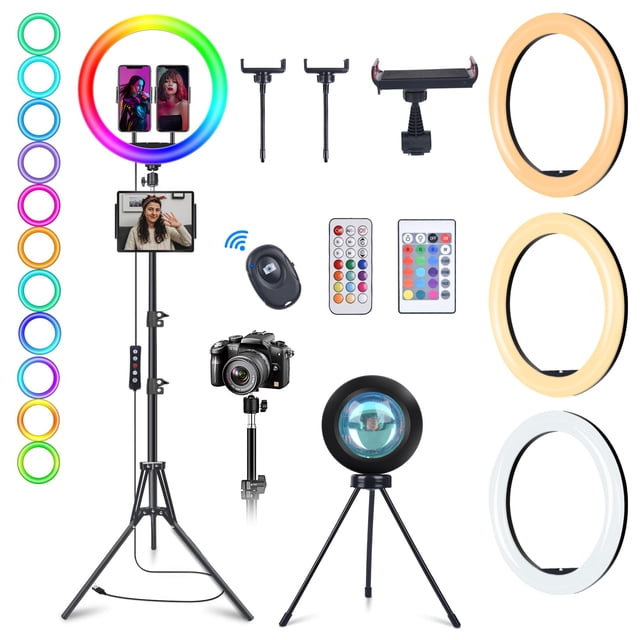 Anillo de luz RGB para selfies WisaKey de 13 pulgadas con soporte y soportes para teléfono