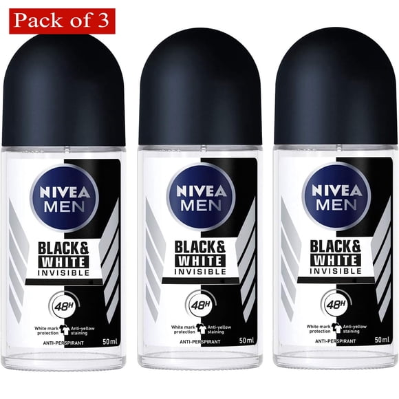 Nivea Men Black and White Invisible, 48 Hours Fresh Deodorant Roll on 50 mL (Pack of 3)