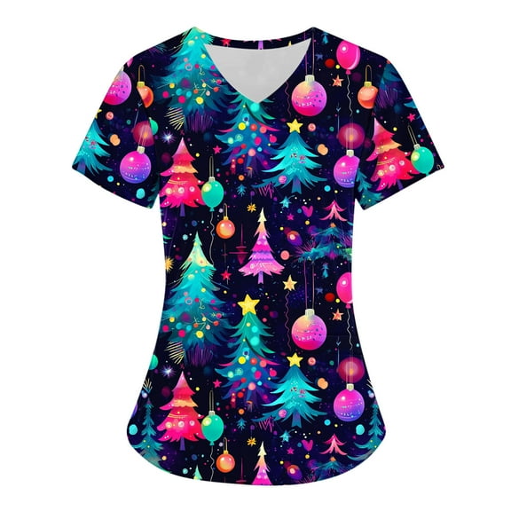 Xfvqtps Christmas Scrub Tops for Women Soft V-Neck Scrubs Comfortable Lightweight Nursing Uniforms Christmas Printed Short Sleeve Protective Top Working Uniforms with Pockets Multicolor