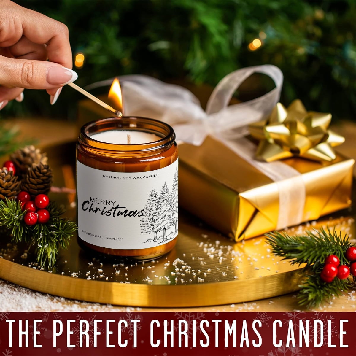 1pc Lavender Scented Candle Merry Christmas Gift for Women Men Adult Coworker Friends Mom Grandma Sister Wife White Elephant Winter Xmas House Decor Lights Trees Stockings Snowflakes Present