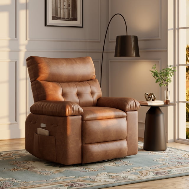 CazToi Spin Manual Reclining Chair with Massage and Heat, PU Leather Rocker Recliner with 56cm Extra Wide Seat