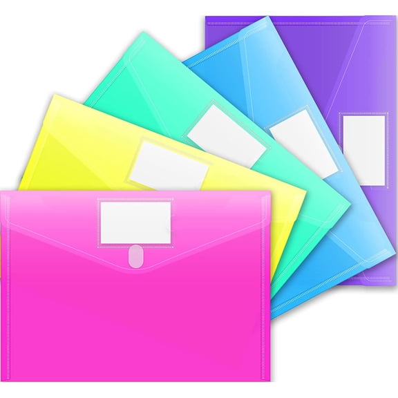 5 Pack File Folders, Clear Poly Envelopes Plastic Folders, Folder for Documents Letter A4 Size with Label Pocket, Teacher School Office Supplies Organization Storage, Assorted Color