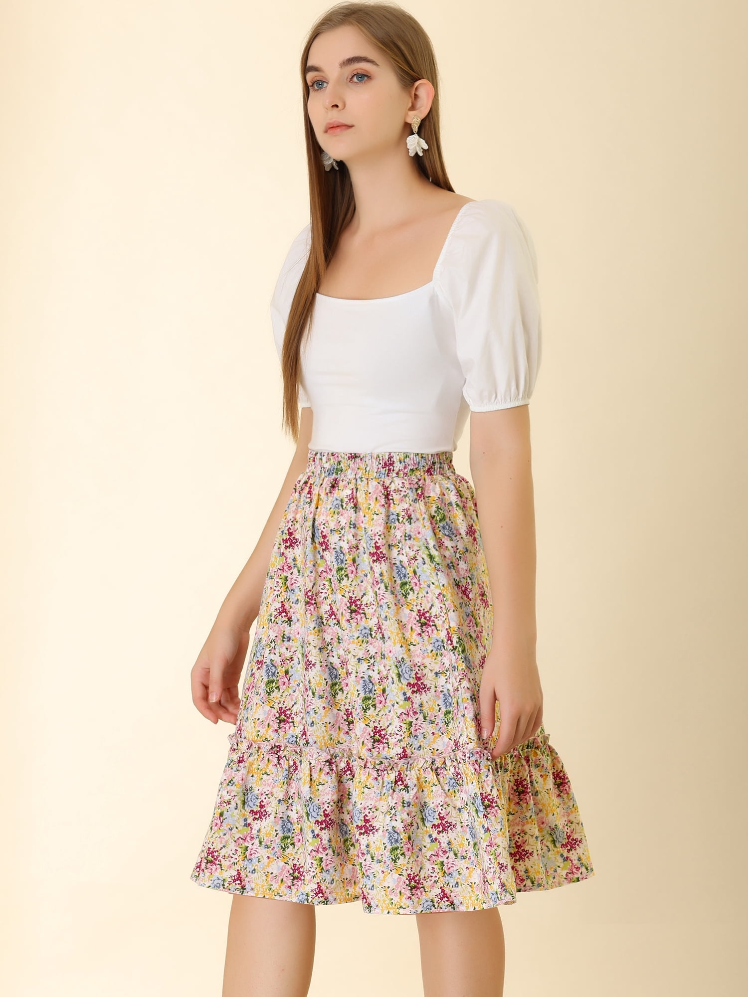 DARING DIVA Women's Flowy Ruffle Hem Tiered Floral Midi Skirt M Multicolor