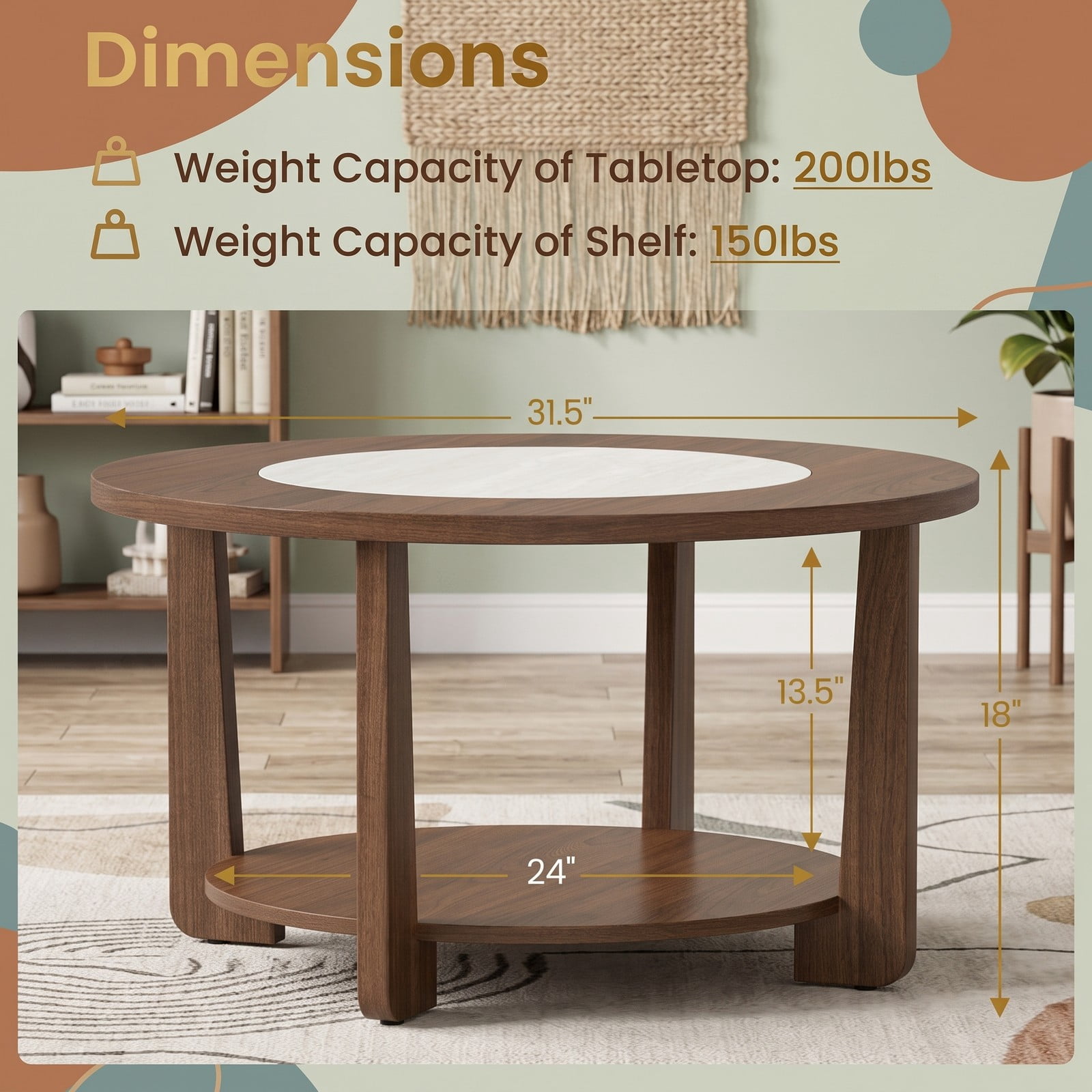 Furnibear Farmhouse Round Coffee Table, 2-Tier Accent Center Table with 2-Tone Tabletop and Open Storage Shelf, Solid Rubber Wood Legs, Round Cocktail Table for, Brown