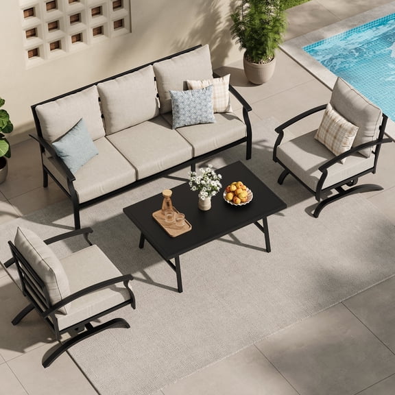 ALAULM 4 Piece Patio Furniture Set,Outdoor Metal Patio Furniture with Coffee Table & Rocking Chairs Conversation Set for Porch,Backyard,Poolside, Garden-Sand