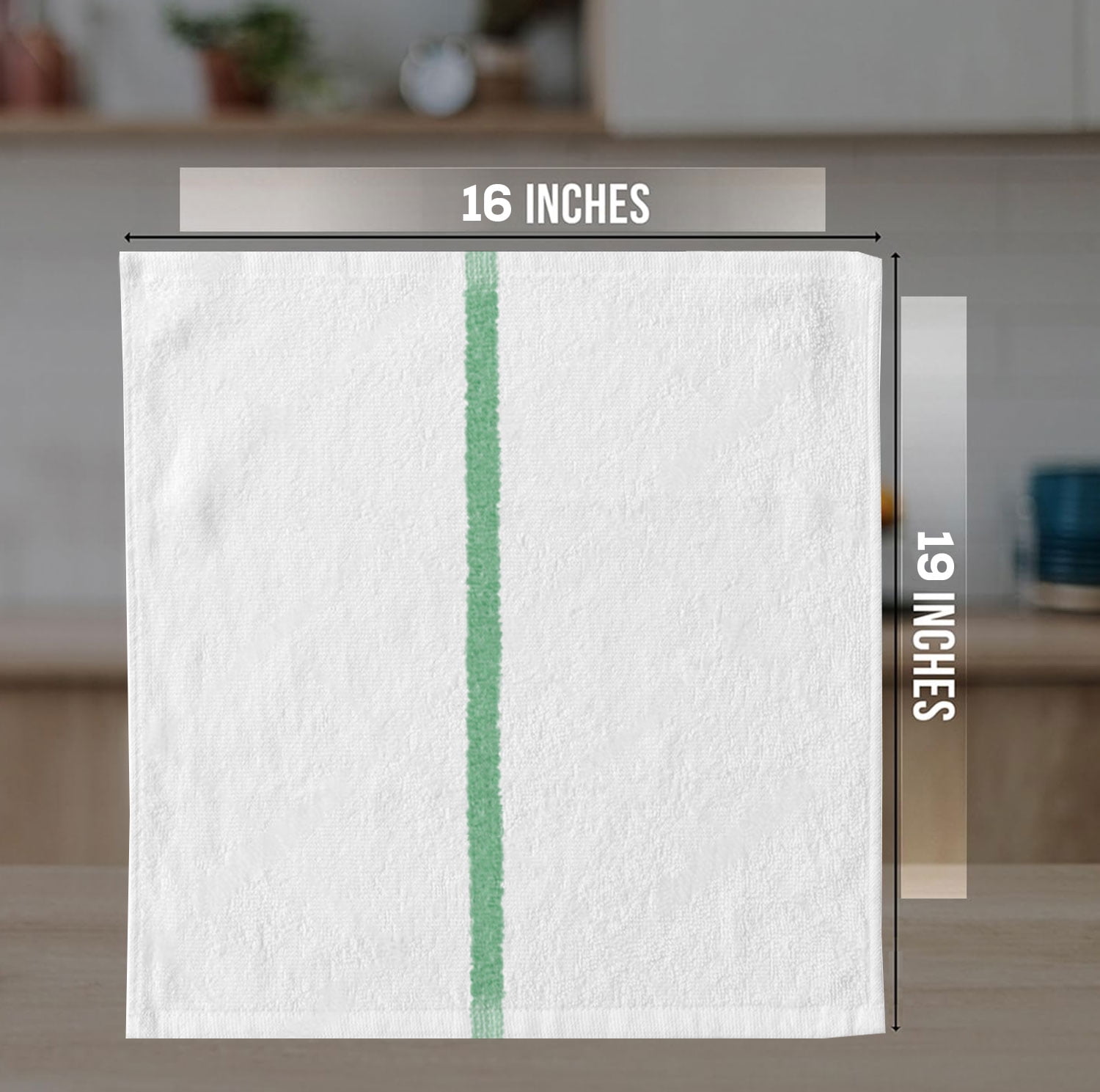 GOLD TEXTILES 12 PC Cotton Blend White Bar Mops 16x19" Green Stripe Kitchen Towels for Restaurant & Commercial Use