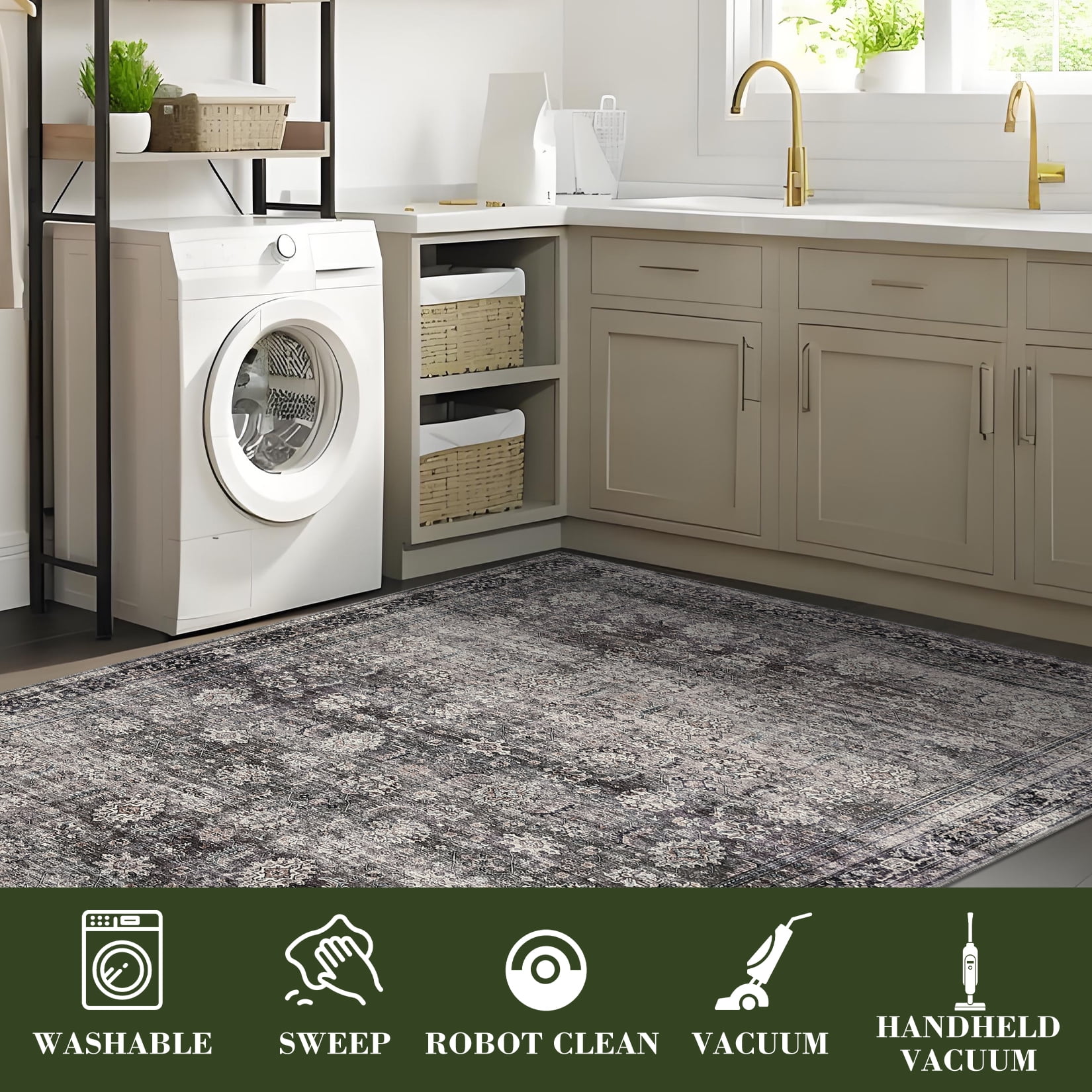 Garvee 8'x10' Vintage Rug Floral Print Area Rug Soft Foldable Accent Area Rugs for Dining Room Home Office, Brown Green