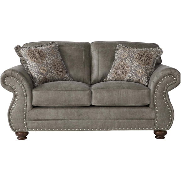 Gray Faux Leather Loveseat Sofa with Nailhead Trim and Rolled Arms for Living Room