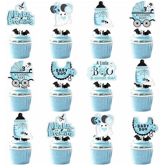 24PCS A Baby Is Brewing Halloween Cupcake Toppers Blue Halloween Baby Shower Decorations It’s a Boy Cake Decorations Ghost Bat Pumpkin Boo Is Brewing Party Supplies for Boys