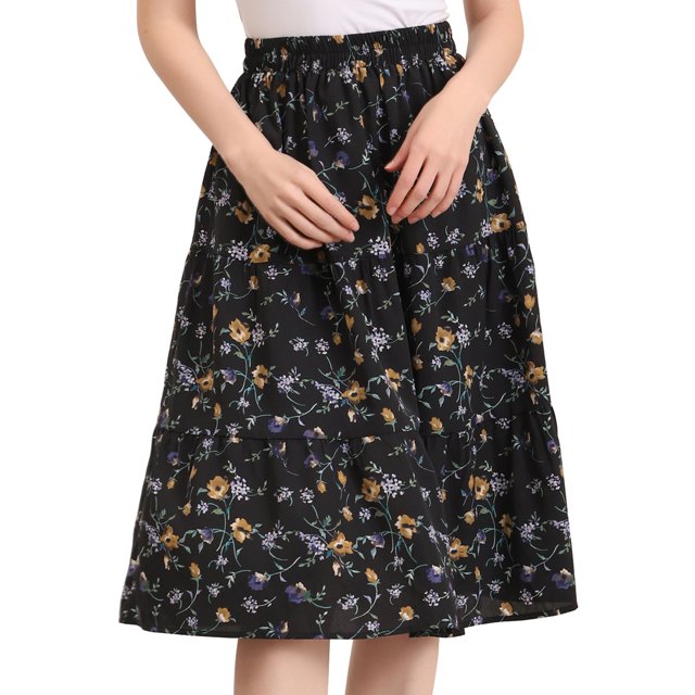 Falda midi Allegra K para Mujer Faldas con Gradas Casuales con cintura elástica Y Una Línea Negro Morado M