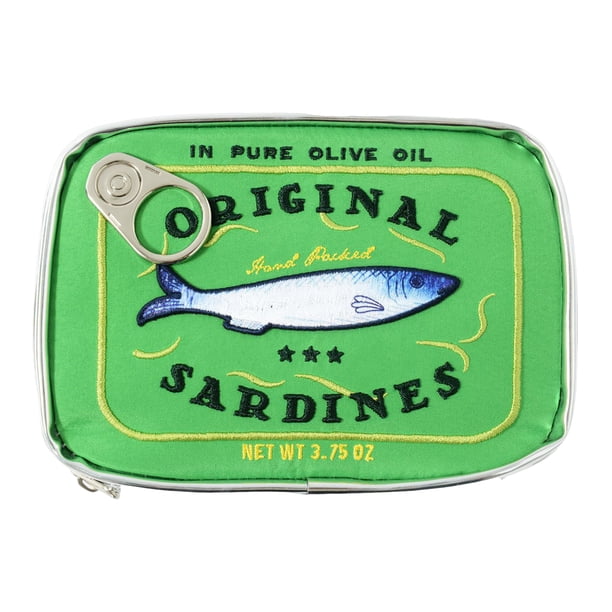 Bolsa de maquillaje con diseño de sardinas enlatadas, cierre de cremallera, exquisitos patrones de bordado, neceser portátil de viaje, organizador de cosméticos.