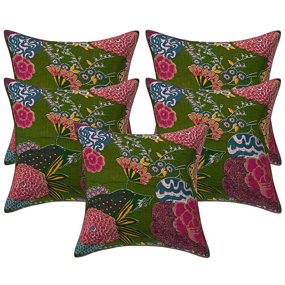 Stylo Culture Ethnic Couch Throw Pillow Covers 16x16 Kantha Dark Olive Green Printed 40x40 cm Home Decor Cotton Tropicana Square Cushion Covers | Set Of 5