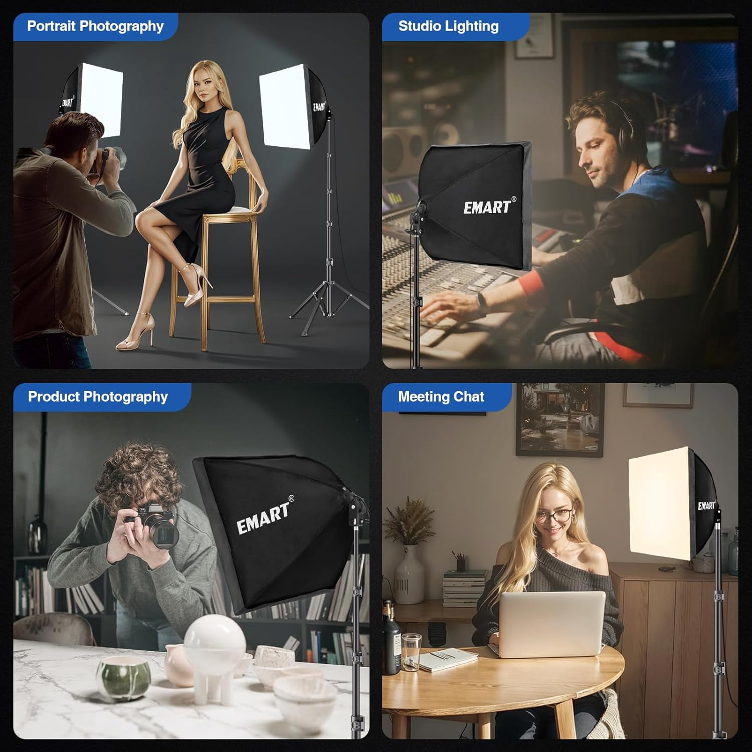 EMART 16×16" Professional Softbox Lighting Kit, 3000K-6000K 85W LED Bulbs with Remote for Studio, Photography, YouTube, and Live Streaming, 2 Pack