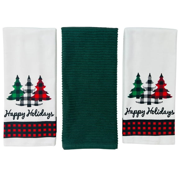 Holiday Christmas Kitchen Dish Hand Towels- Set of 3 100% Cotton White & Dark Green Checkered Borders and “Happy Holidays” Christmas Tree Design- 26" x 16" Multipurpose Towels for Everyday Use