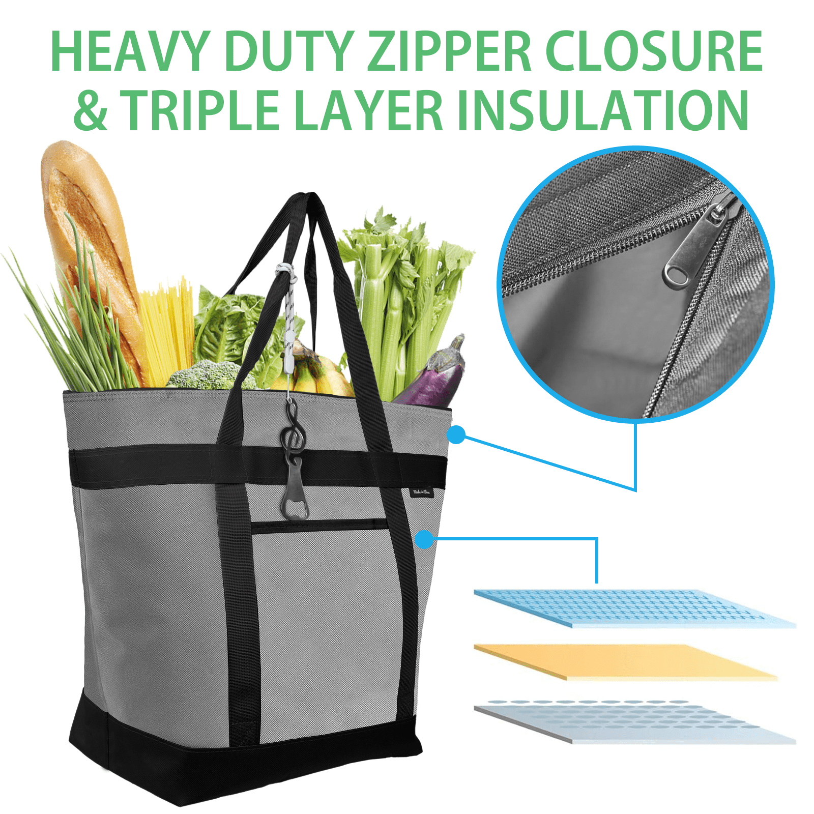 YIBONIKA Cooler Bag Soft Collapsible Insulated Tote with Thermal Insulation, Leak-Proof, Machine Washable, Holds 30 Cans Perfect for Groceries,Travel,Beach,Picnics,Food Delivery, Gray