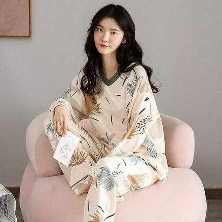 

CoCopeaunt Spring and autumn daily ladies long-sleeved cute cotton pajamas female sets of sweet home wear set pajamas pjamas for women