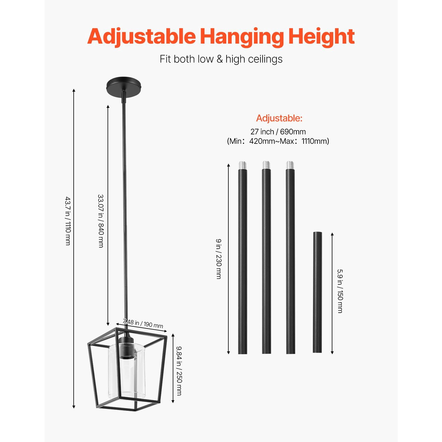 Vintage Cage Pendant Light Black Metal Frame Glass Shade Adjustable Height E26 Socket for Kitchen Island Dining Room Bar