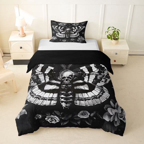 Homewish Goth Skull Moths Twin Duvet Cover,Vintage Flowers Twin Bedding,Black Gray,Halloween Comforter Cover,Black Reversible,2pcs,1 Duvet Cover and 1 Pillowcase