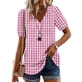 thumbnail image 2 of CIENVNSTG Plaid Tops for Women V Neck Short Sleeve Loose Tops Summer Casual Plaid Printed Tunic Shirts Daily Work Blouses Business Top Pink XL, 2 of 6
