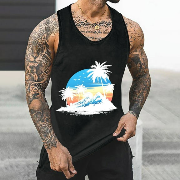 WAENQINLA Big and Tall Graphic Tank Tops for Men Summer Sleeveless Tee Sunset Coconut Print Graphic Shirts Casual Loose Pullover