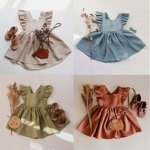 Verano primavera bebe nina vestido ninas pequenas Fly manga solido volantes sin mangas vestido de algodon de lino A Line vestidos de fiesta 130 5 6T Gao Jinjia LED Bodega Aurrera en linea