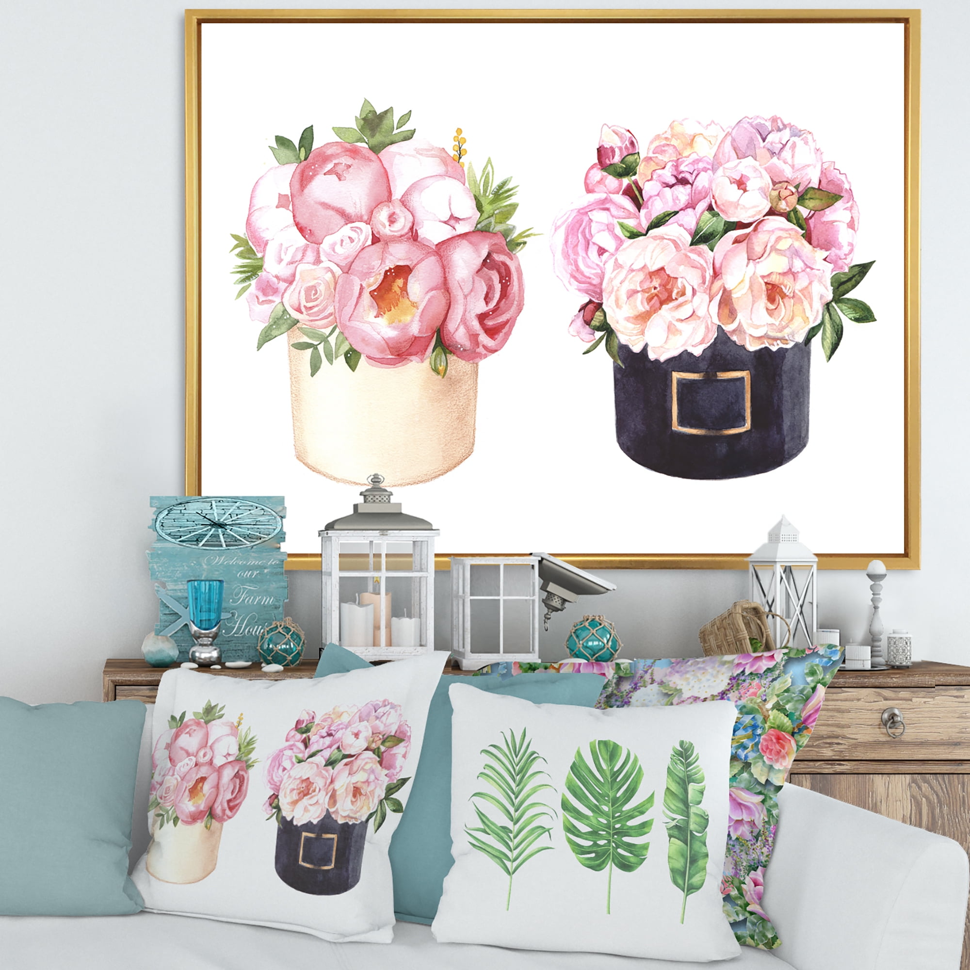 Designart 'Peonies and Rose With Flower Box' Farmhouse Framed Canvas Wall Art Print