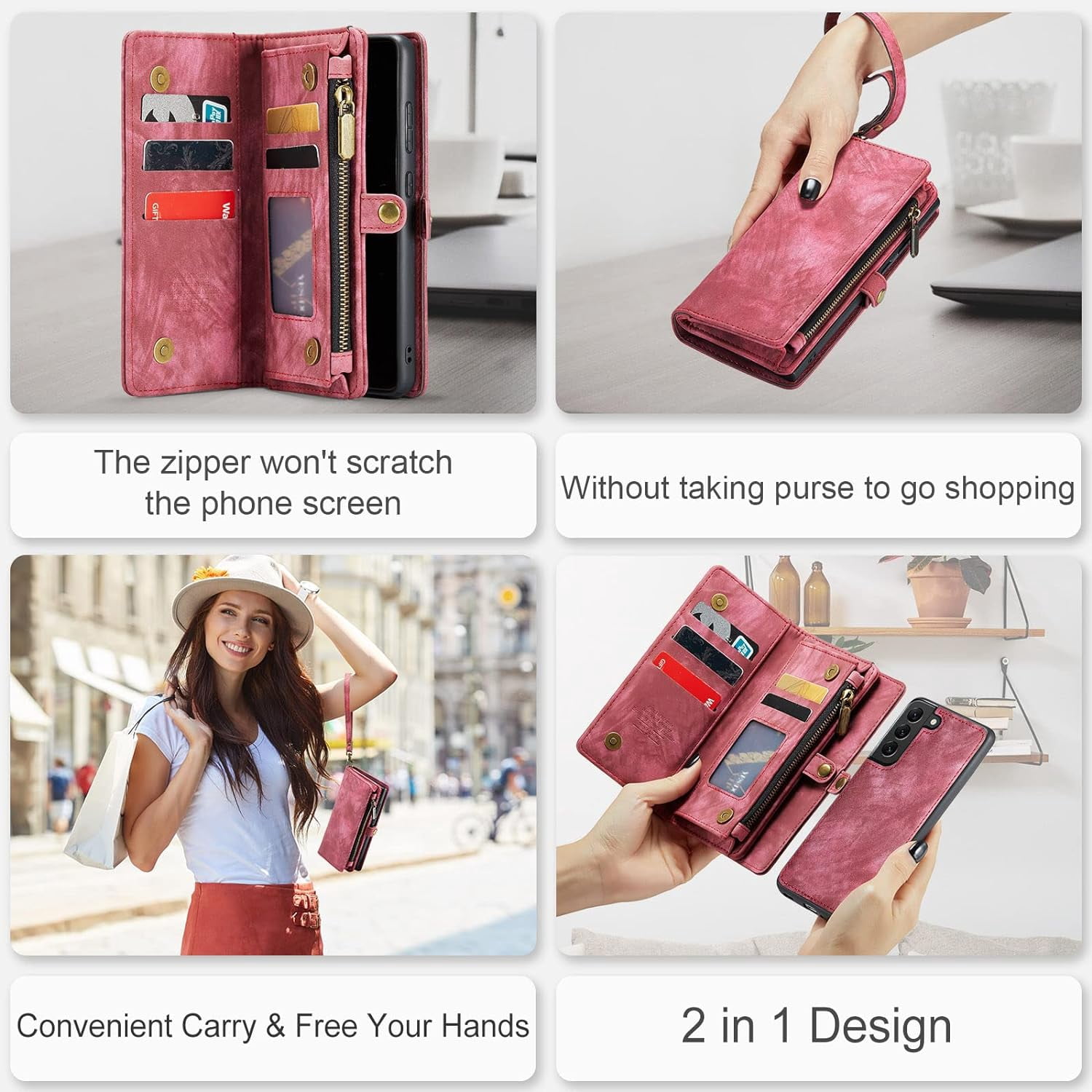 Phone Case for Samsung Galaxy S21 FE Gaxaly S 21 FE 5G Zipper Wallet Cover with Tempered Glass Screen Protector and Flip Card Holder Cell Accessories Glaxay S21FE5G UW S21FE 21S G5 Women Red
