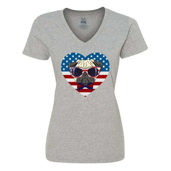 Inktastic Pug Dog Patriotic US Flag Heart Women's V-Neck T-Shirt
