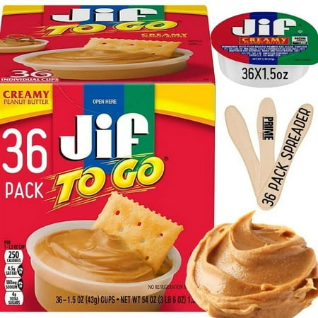 Peanut Butter Cups to go, 36Ct Individual Packets With Prime Grade Spreader, Jiffy Peanut Butter Creamy, Peanut Butter Snacks
