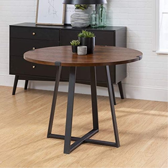 Walker Edison 40 Table de Salle à Manger Ronde en Métal Industriel Urbain - Noyer Foncé/noir