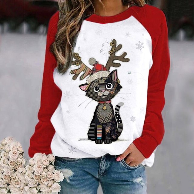 Puntoco Tallas grandes Mujer Manga larga Navidad Impreso O-cuello tops Camiseta Blusa Puntoco Puntoco-619