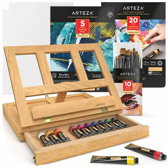 Arteza Essentials Tabletop Easel Art Set with Acrylic Paint, Brushes, Paper, Canvas Pads & Paper