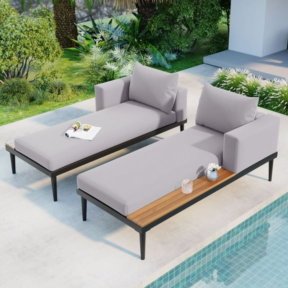 Newboti Furniture Modern Outdoor Daybed Patio Metal Daybed with Wood Topped Side Spaces for Drinks, 2 in 1 Padded Chaise Lounges for Poolside, Balcony, Deck, Gray 70082