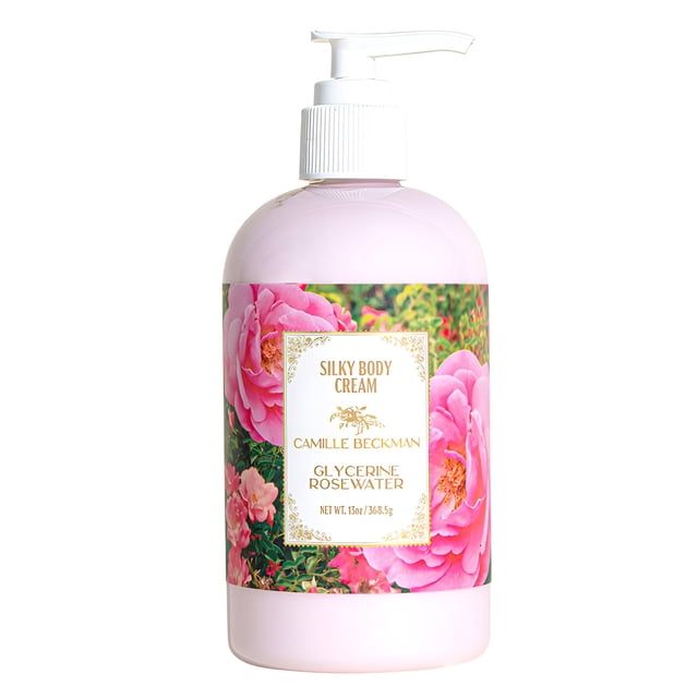 Camille Beckman Crema corporal sedosa con aroma a agua de rosas y glicerina, hidratante diario para todo tipo de piel | Fórmula vegana no grasosa para nutrir y suavizar las manos y el cuerpo, 13 onzas