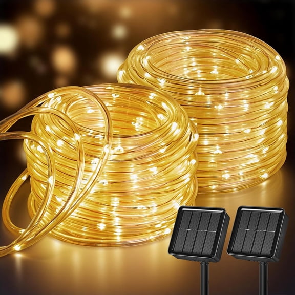 2 Pack Solar Rope Lights, Total 78FT 200LED Warm White String Lights Outdoor, IP65 Waterproof Powered Fairy with 8 Lighting Modes for Yard Garden Patio Tree Decoration