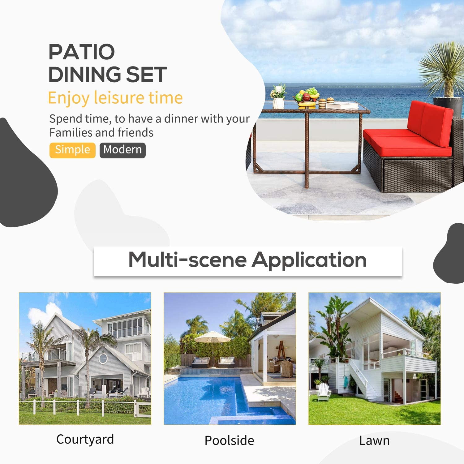 Vineego 5 Pieces Patio Dining Sets Outdoor Conversation Sets Wicker Patio Sectional Sofa with Tempered Glass Table(Red)
