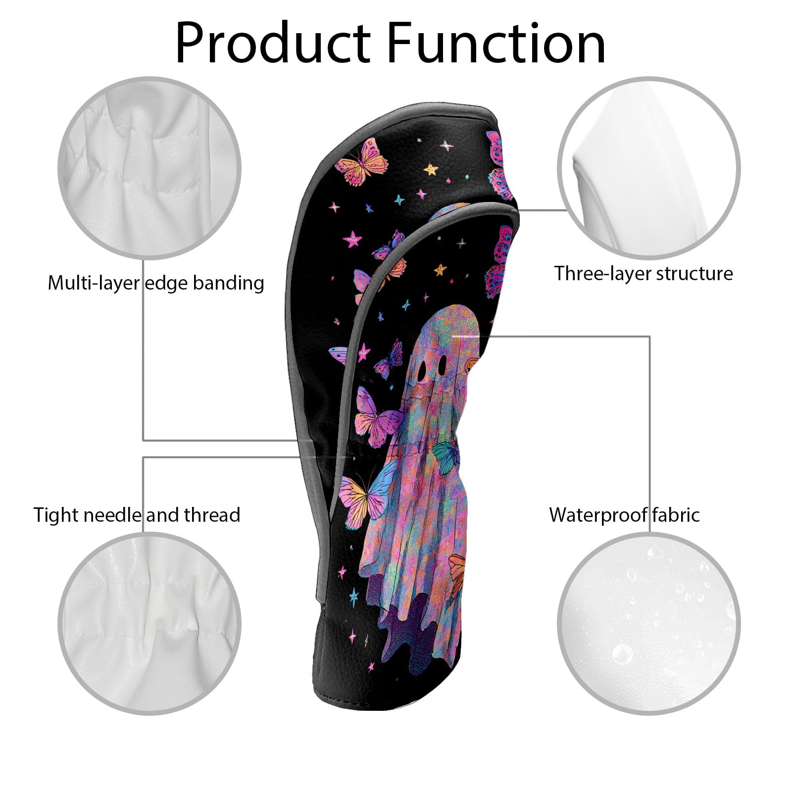 Golf Club Covers, Black GhostButterfly Premium PU Leather Driver Hybrid Putter Head Covers with Velvet Lining, Waterproof Golf Gifts for Men Women