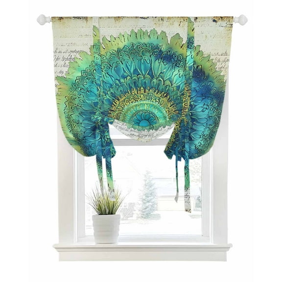 Vintage Abstract Floral Tie Up Curtains for Window, Thermal Insulated Balloon Shade Adjustable Rod Pocket Curtains Valance Panels for Kitchen Bathroom Cafe 34 x 45 Retro Teal Art
