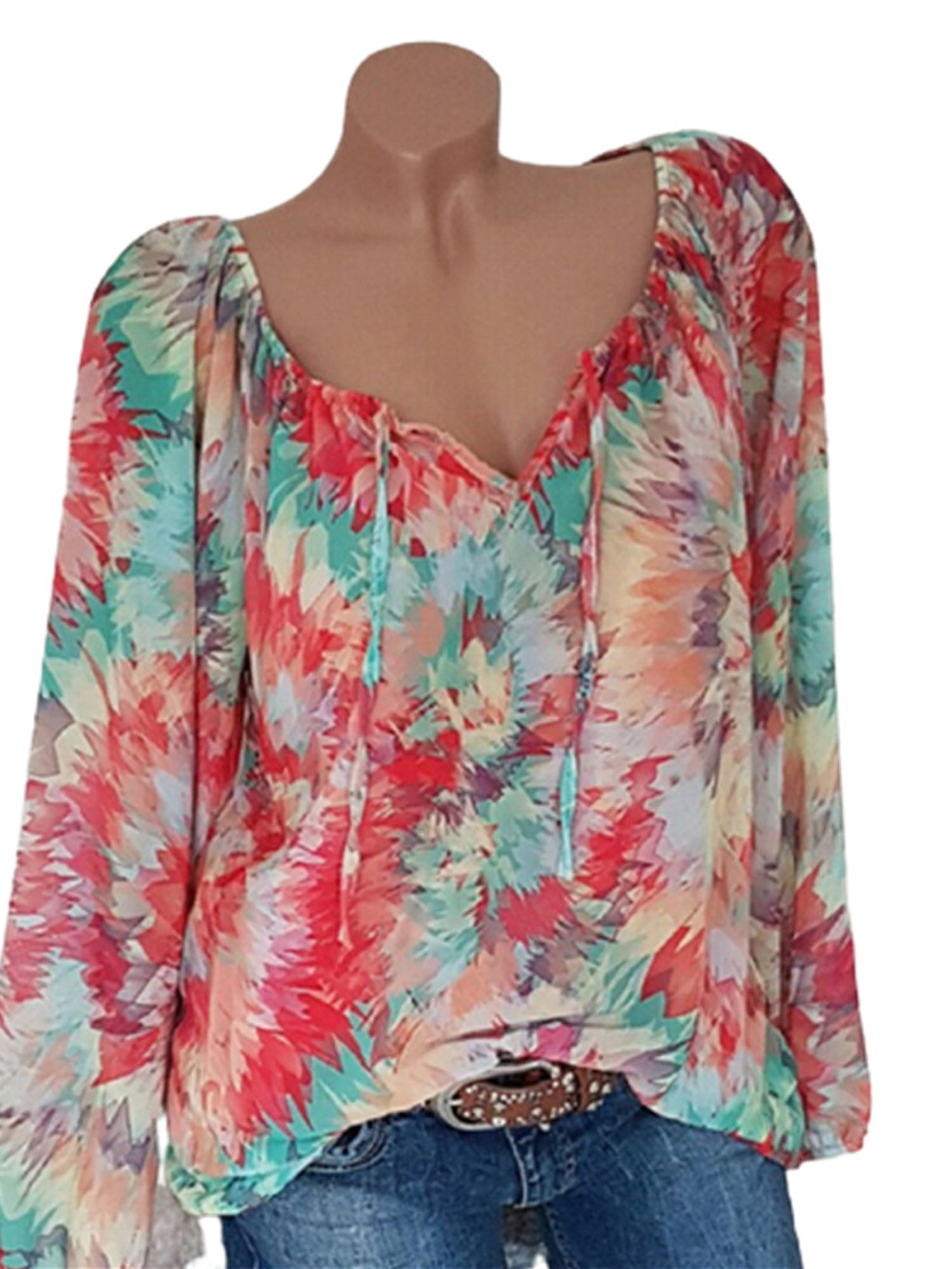 Womens Floral Long Sleeve T-Shirt Tunic Tops Ladies Casual V Neck Blouse Tee Top