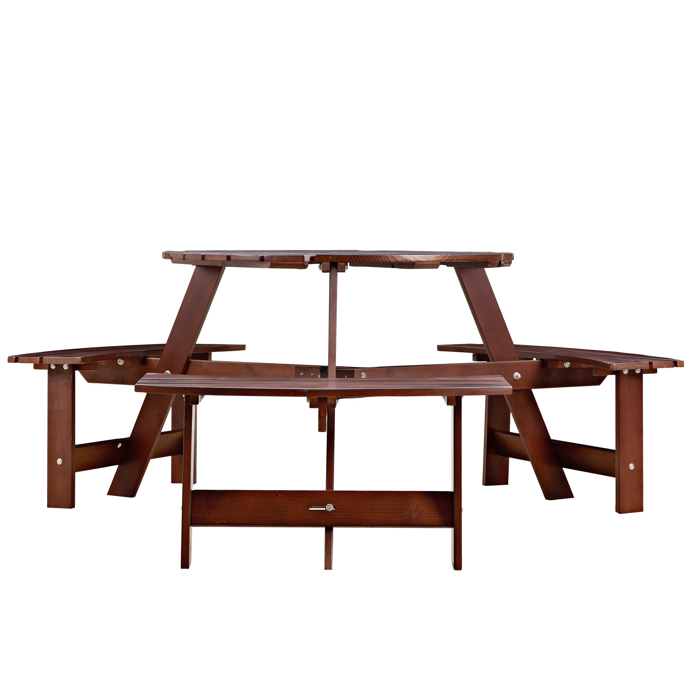 DEALTOPS 6 Person Wood Picnic Table with 3 Built-in Benches, Outdoor Round Table and Bench Set with Umbrella Hole for Park, Brown