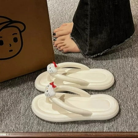 

2023 New Hello kitty Sandal Flip Flops Women Wear Cartoon Outside in Summer Sanrio Kt Cat Flat Bottom Beach Toe Sandals
