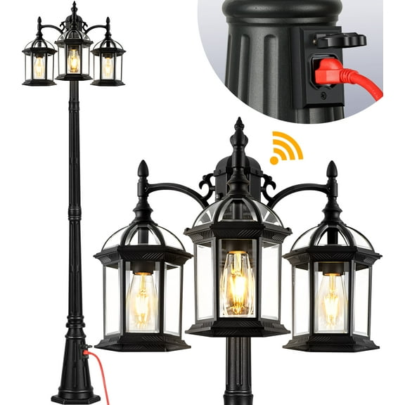 VIANIS 82.9" H Dusk to Dawn Lamp Posts Outdoor Lighting with Outlet, Black 3-Head Outdoor Post Lights, Waterproof Anti-Rust Outdoor Street Light Fixtures for Garden Yard(Hardwired 120VAC)