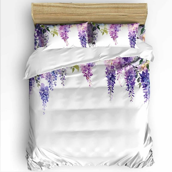 Spring Lavender Queen Size Comforter Set, Watercolor Purple Floral Pastoral Style Soft Bedding for All Seasons, 4 Pcs Bed Set with 1Comforter (90"x92") ,1 Sheet(94"x116"), 2 Pillowcases (19"x29")