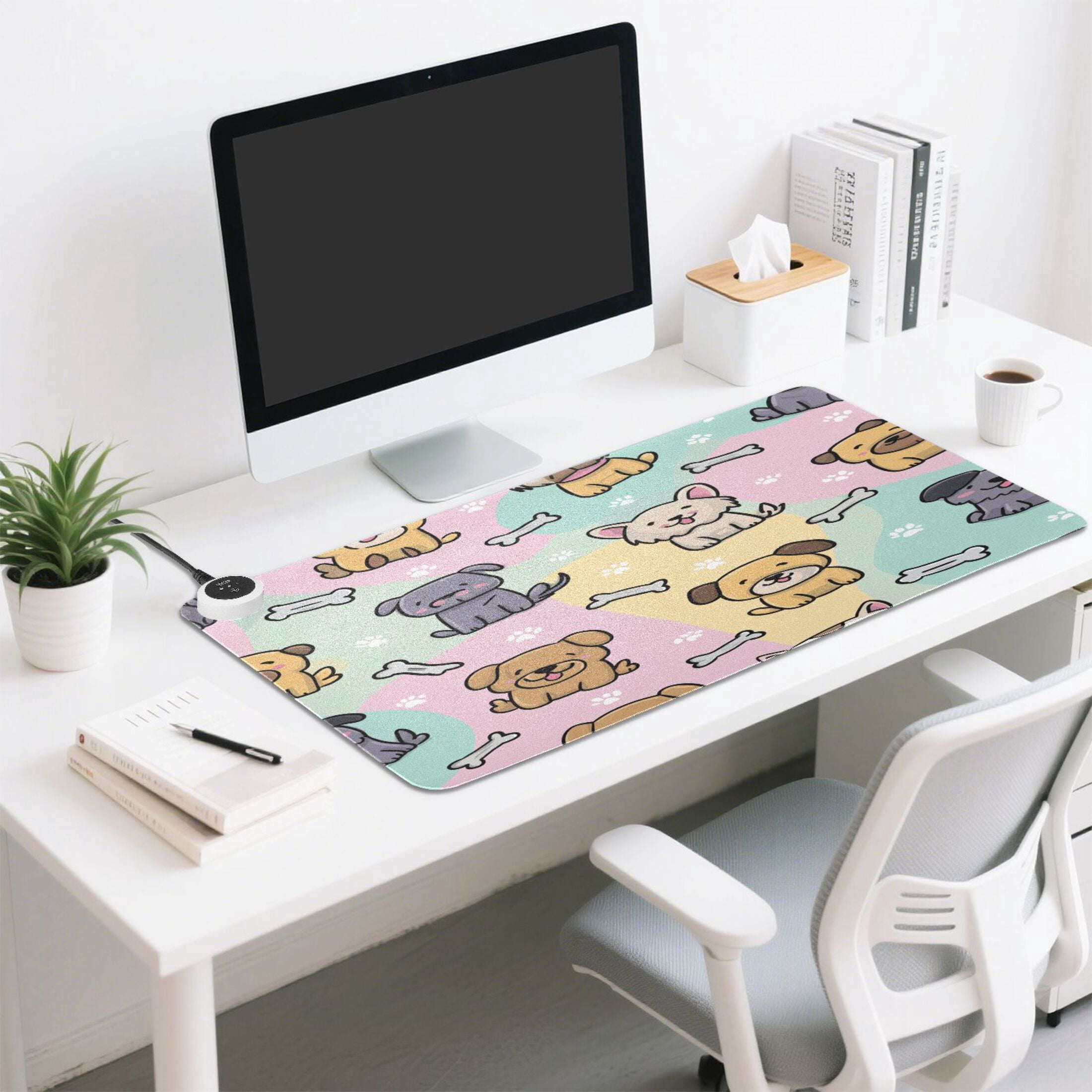 Large Heated Desk Mat Mouse Pad 31.5"x13"PU Leather Graphene Heating Desk Warmer with 3 Temperature Settings 110V US Plug Non-Slip Warm Pad for Home, Office, and Gaming Gentle Pastel Puppy Pattern
