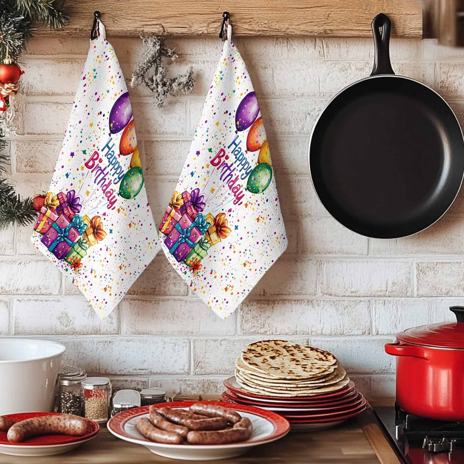 Happy Birthday Kitchen Towels Set of 2, Colorful Balloon Gifts Patterns Soft Microfiber Dish Towels, Absorbent Quick-Dry Washable Dishcloths for Kitchen Cleaning, Drying Dishes, 18x28 Inches