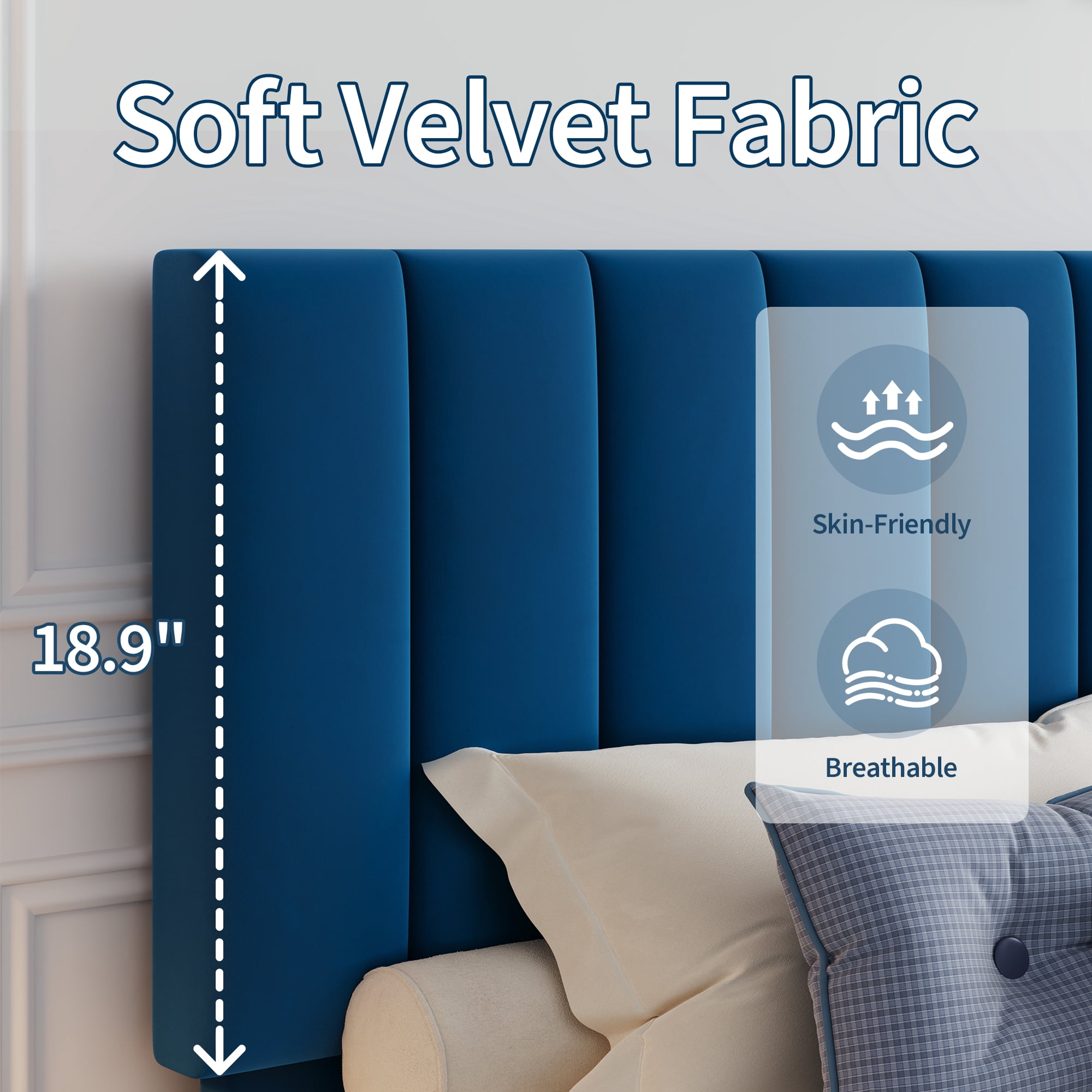 GOGRANT Velvet Upholstered Platform Bed Frame with Adjustable Headboard, Queen