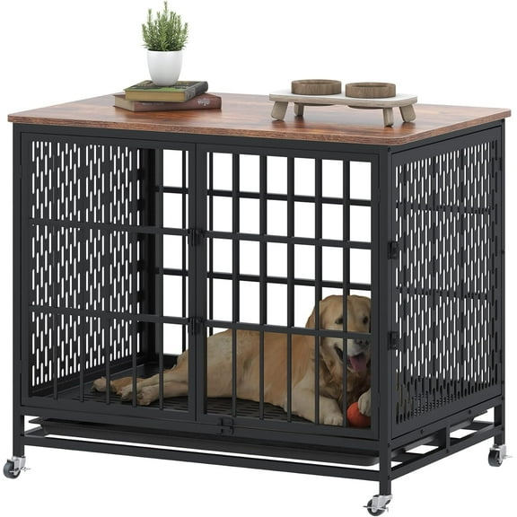 HAUXITIO 42 inch Extra Large Dog Crate Furniture with Removable Trays,3 Doors,4 Wheels & 5 Locks for Medium and Large Dogs,42.0"L x 28.0"W x 34.0"H