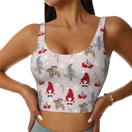 Adobk Cartoon Santa and Reindeer Print Sports Bras for Women Longline Workout Crop Tank Tops Padded with Built in Shelf Padded Sports Bra-