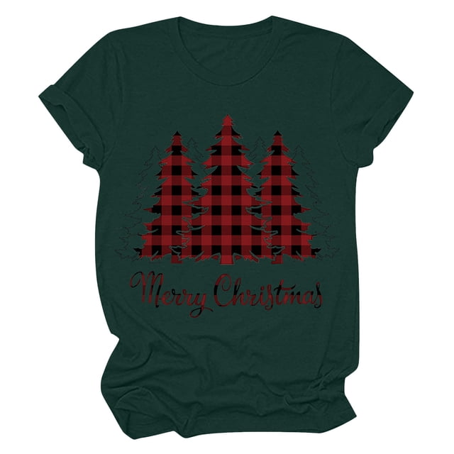 Haut de Sapin de Noël Femme Décontracté Col Rond Manches Courtes T-shirt Imprimé Sapin de Noël Haut