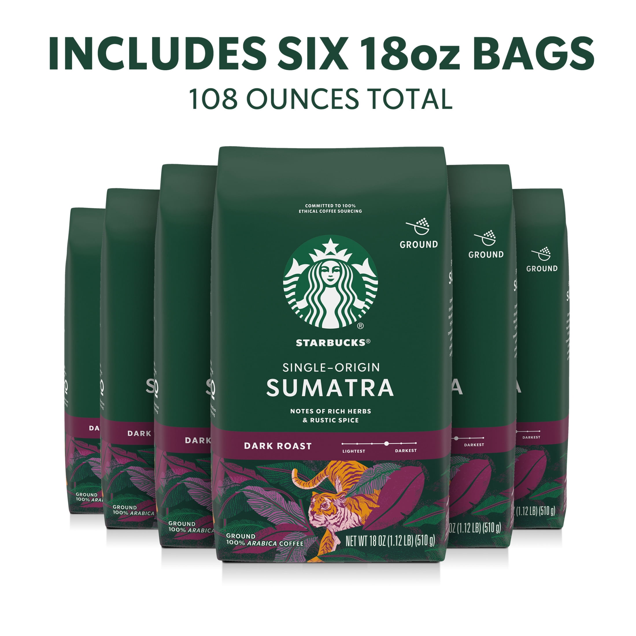 (6 pack) Starbucks Single-Origin Sumatra, Ground Coffee, Dark Roast Hot or Iced Coffee, 18 oz